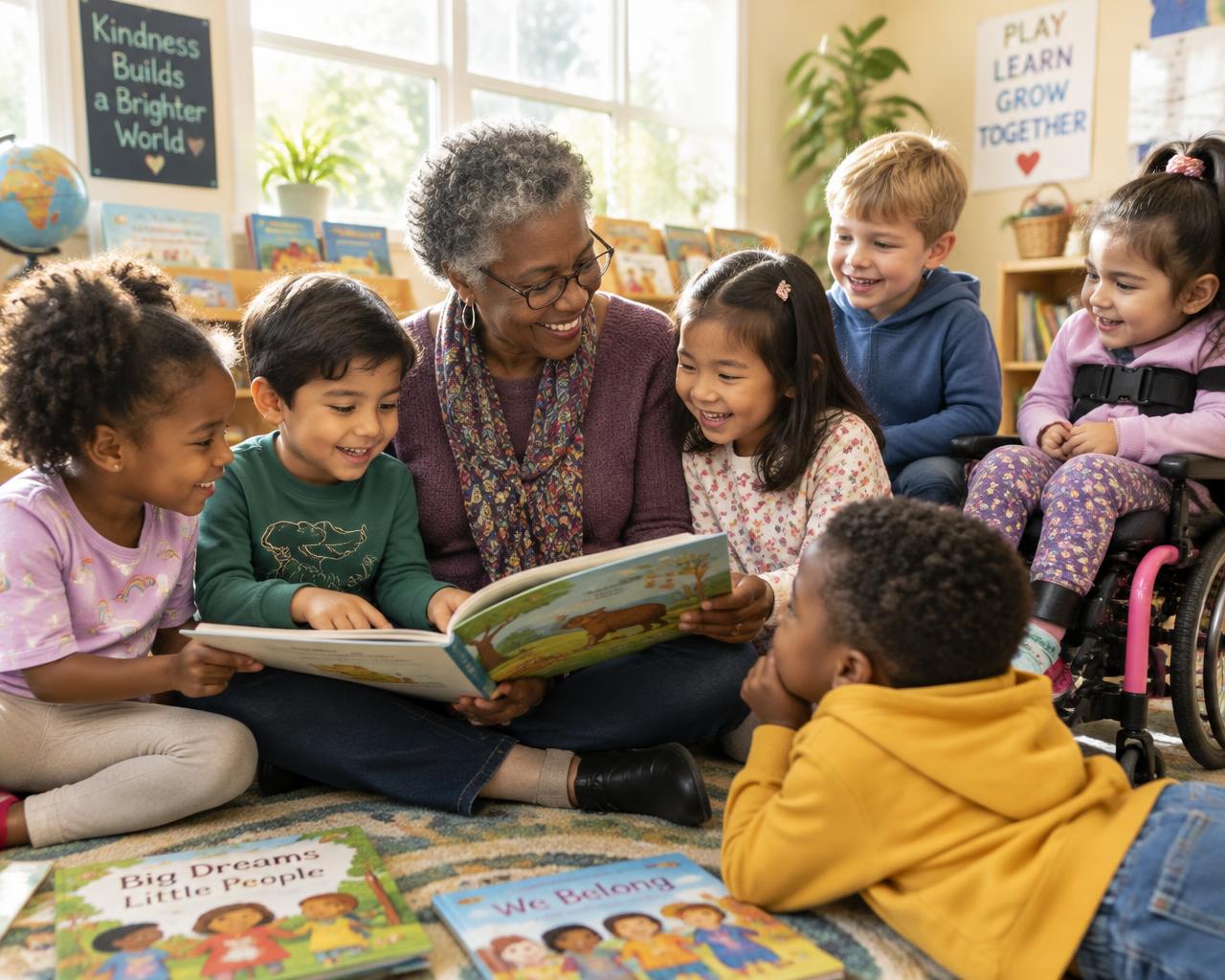 Children of many backgrounds reading with a grandparent